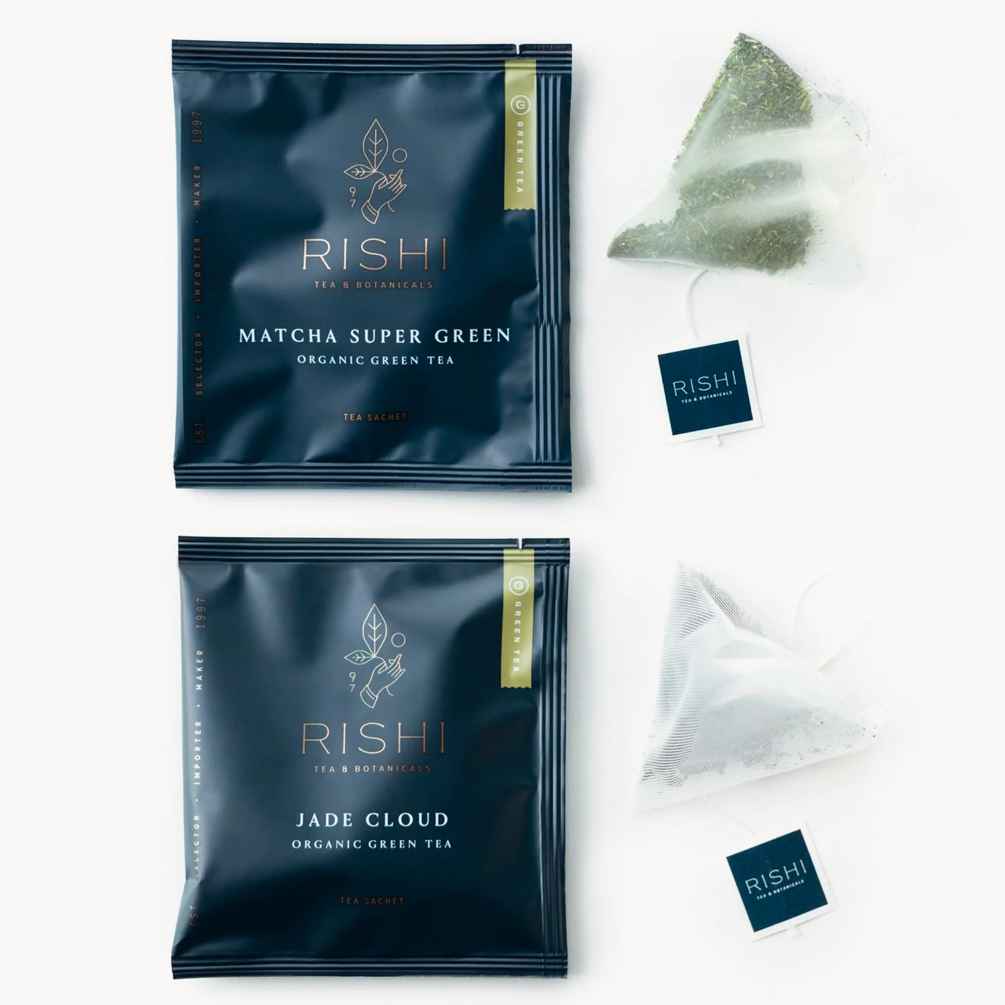 Rishi Tea Matcha Super Green Jade Cloud Tea - Organic Sachet Tea Bags Certified Kosher Tea Bundle -