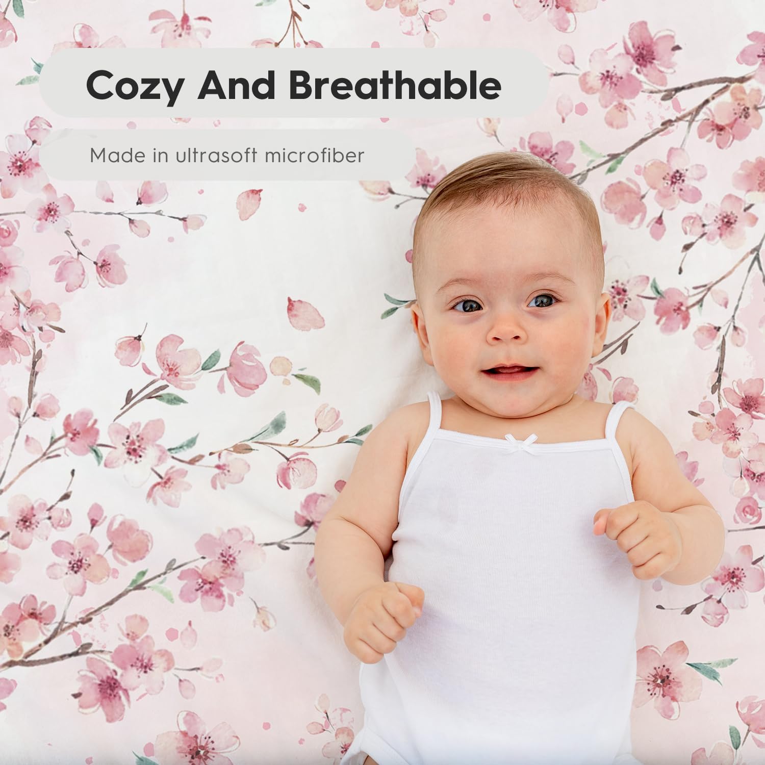 Horaldaily 2 Pack Fitted Crib Sheet for Boys Girls,Soft Breathable Washable Jersey Microfiber Baby Crib Sheet, Fits Standard Size Crib Mattress 28in x 52in, Cherry Blossom Nursery Sheet Pink/White