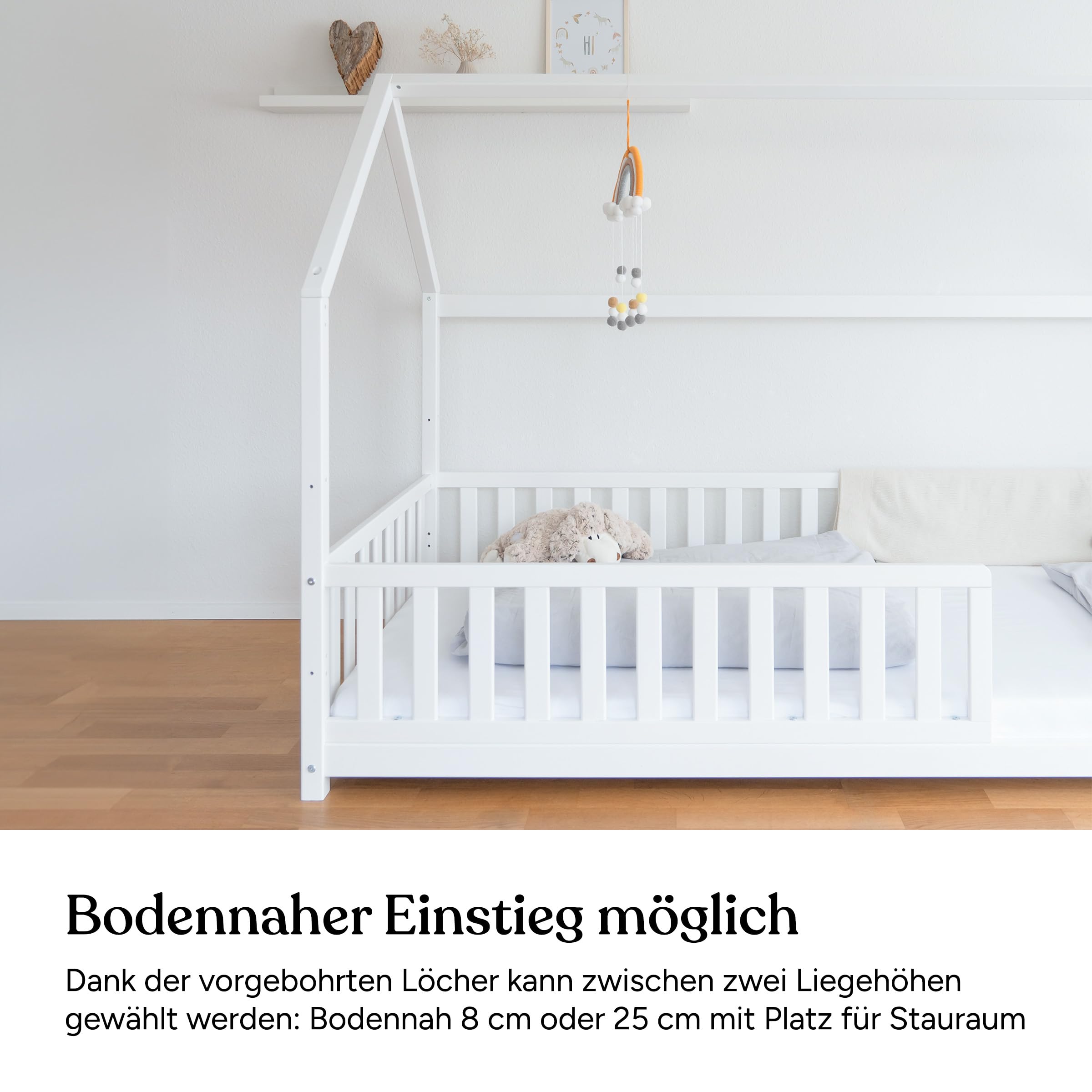 Ehrenkind® Hausbett Buche Livo | FSC Zertifiziert | Kinderbett mit Rausfallschutz | höhenverstellbar Massivholz | Kinder Bett | Hausbett 120x200 cm | weiß