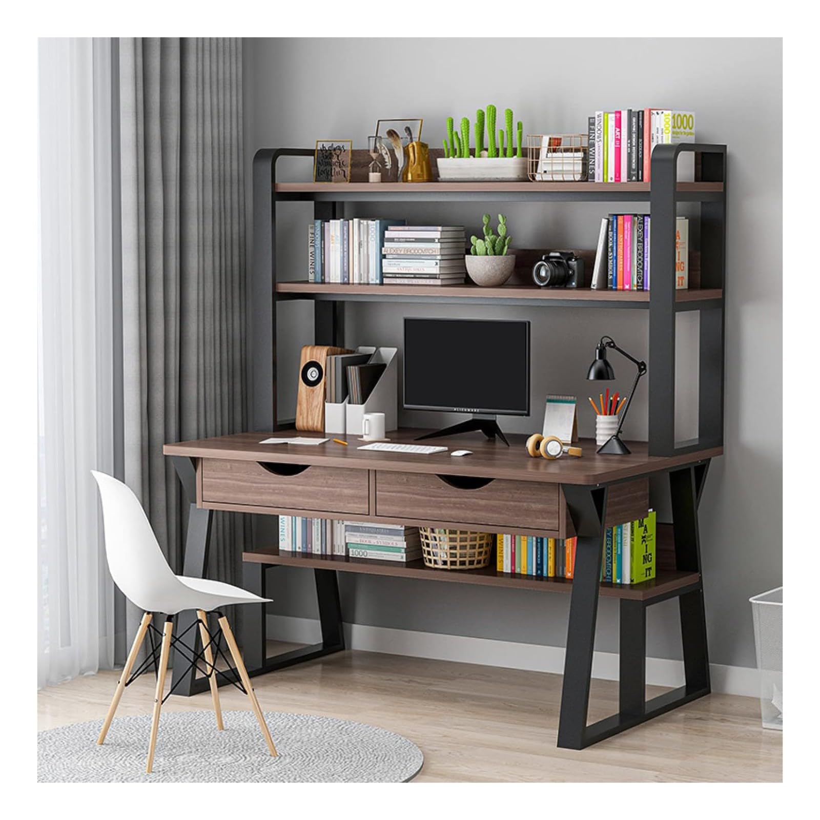 Wdsopk Walnut Computer Desk Home Office Desk Computer Desk With Storage Shelves And 2 Drawers Home Office Desk With Sturdy Metal Frame Writing Study Workstation For Home（-39 In）