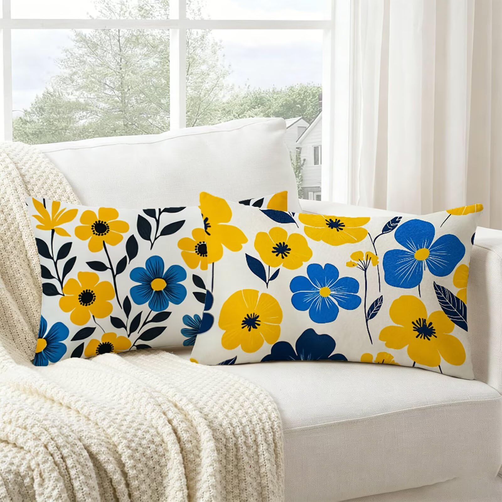 Coussin exterieur impermeable jaune et bleu lot de 2 housses de lin rectangulaires 40x70cm