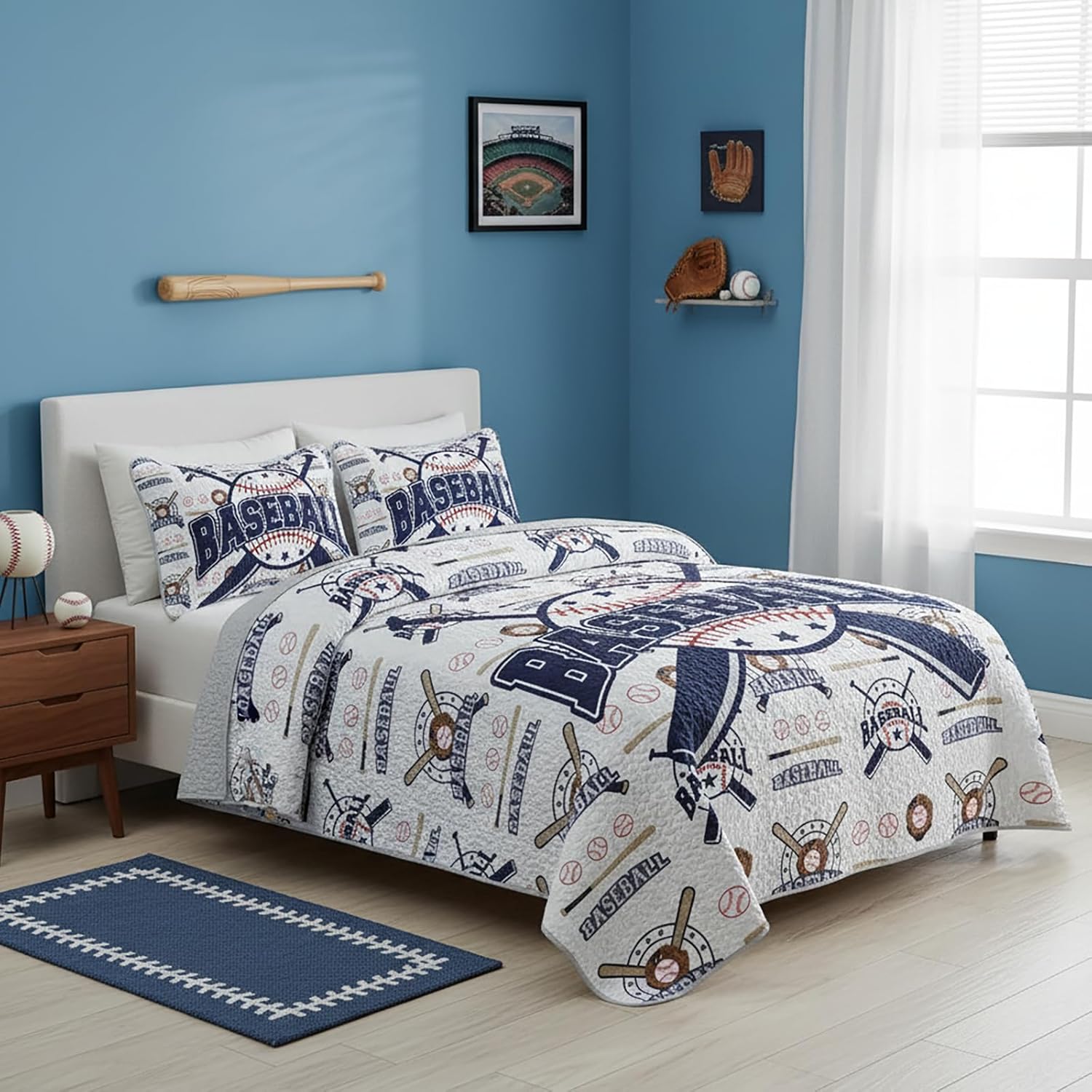 QOOMO Baseball Quilt Set Full/Queen Size,Sports Bedspread Coverlet Set,Sports Games 3Pcs Bedding Set Printed Quilt with 2 Pillowcases,Soft and Lightweight,for All Seasons