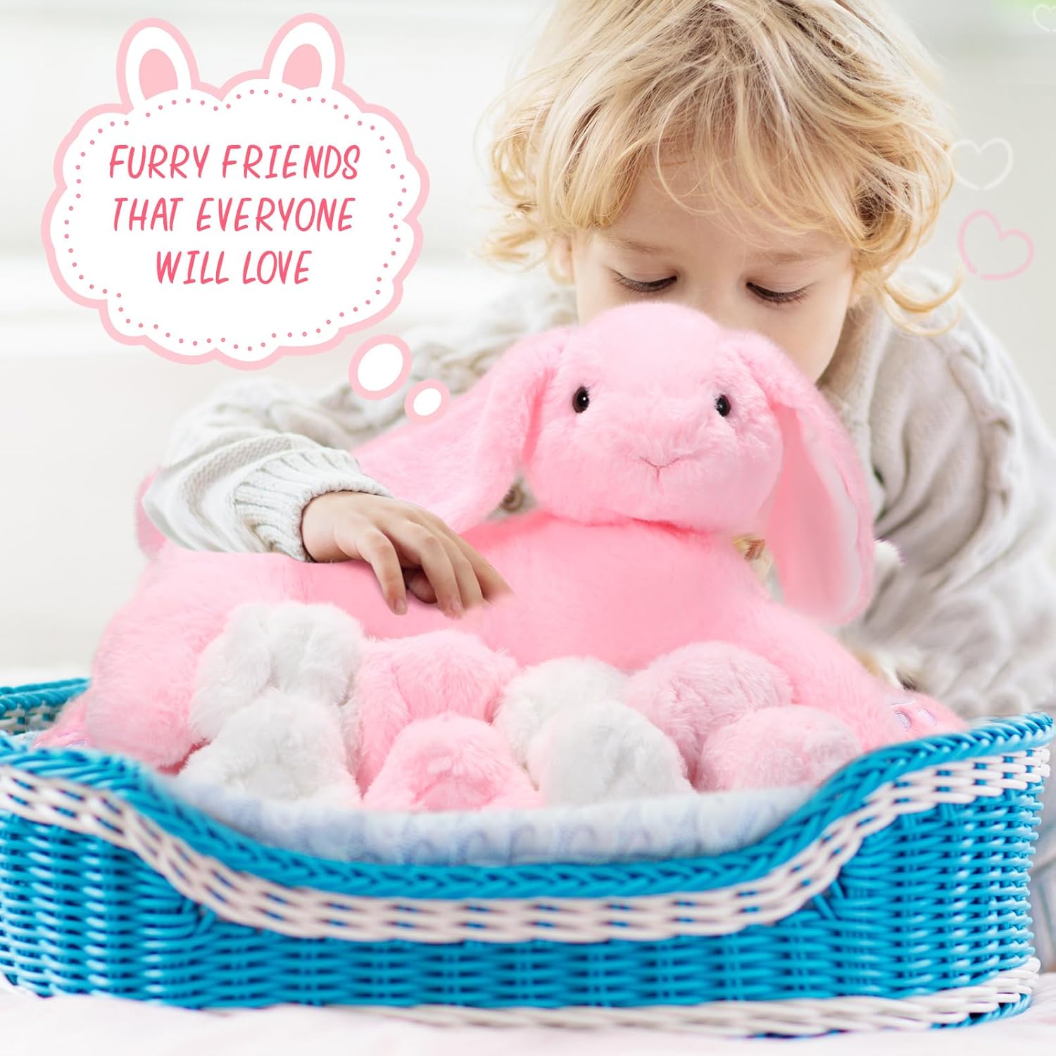 Libima 5 Pcs Nursing Bunny Plush Toys Pink 15 Inch Soft Mommy Stuffed Animals with 4 Magnetic Cuddly Baby Rabbits Stuffed Bunny Easter Birthday Baby Shower Party Favors for Kids, Boys, Girls