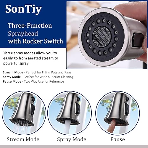 Miniatura 6 de Grifos de cocina de latón macizo con rociador extraíble, manija única comercial con botón de pausa, grifo de fregadero de cocina de alto estándar de