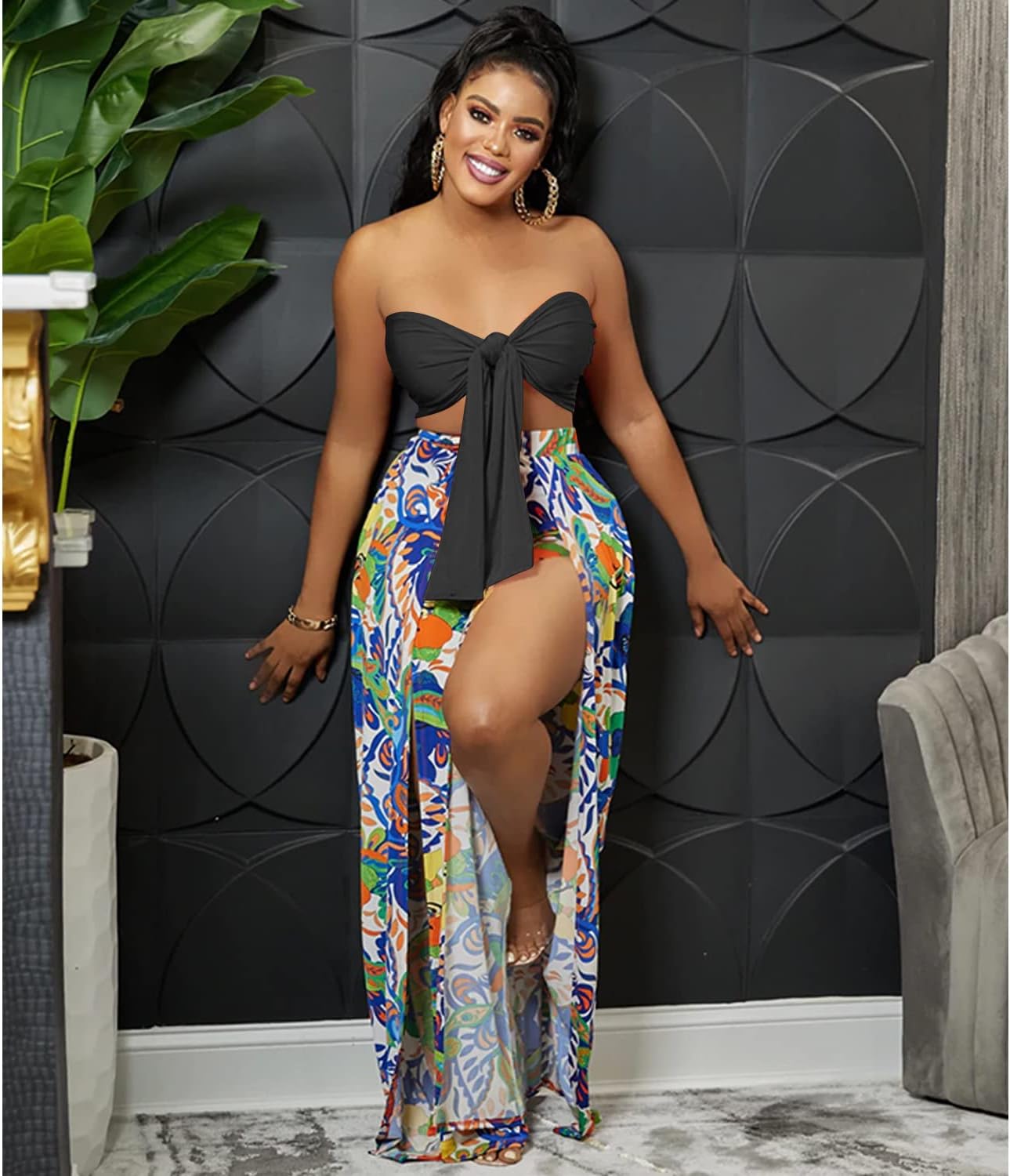 2 Piece Outfits for Women Summer Sleeveless Crop Tops Wide Leg Slit Pants Set Boho Floral Print Vacation Outfits - Image 3