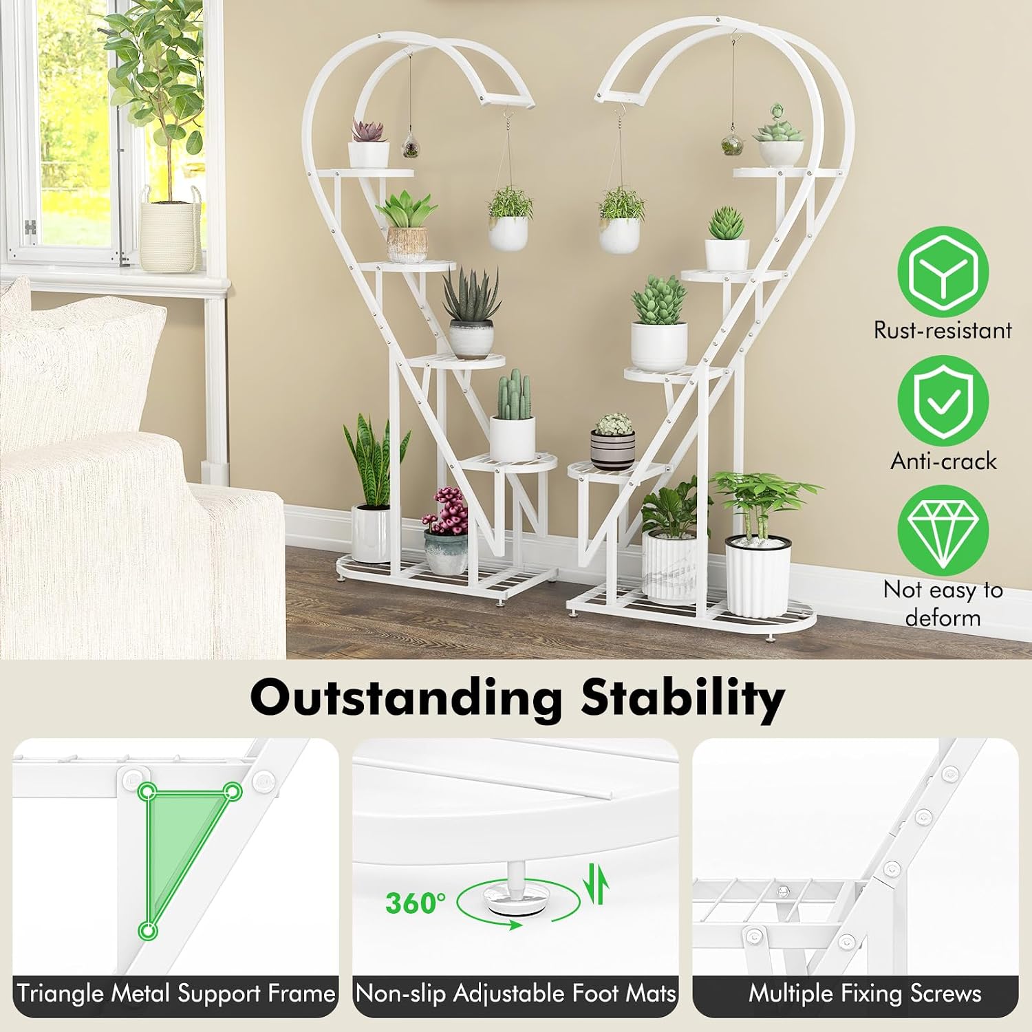 GOFLAME 6-Tier Metal Plant Stand, Heart-Shape Ladder Plant Shelves w/ 12 Boards & 6 Hanging Hooks, Metal Frame, Indoor Multiple Potted Plant Holder, Tall Flowerpot Display Rack for Home Balcony, 2 Pack, White