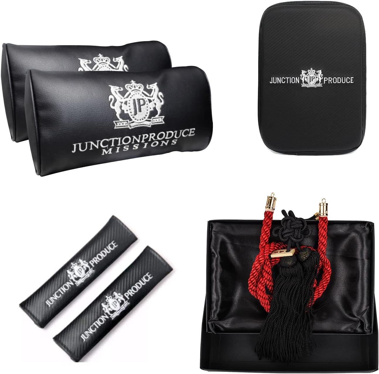 JUNCTION PRODUCE VIP Car Neck Pillow Headrest+Charm Kin Tsuna Rope Red/Black+Shoulder Pad+Armrest