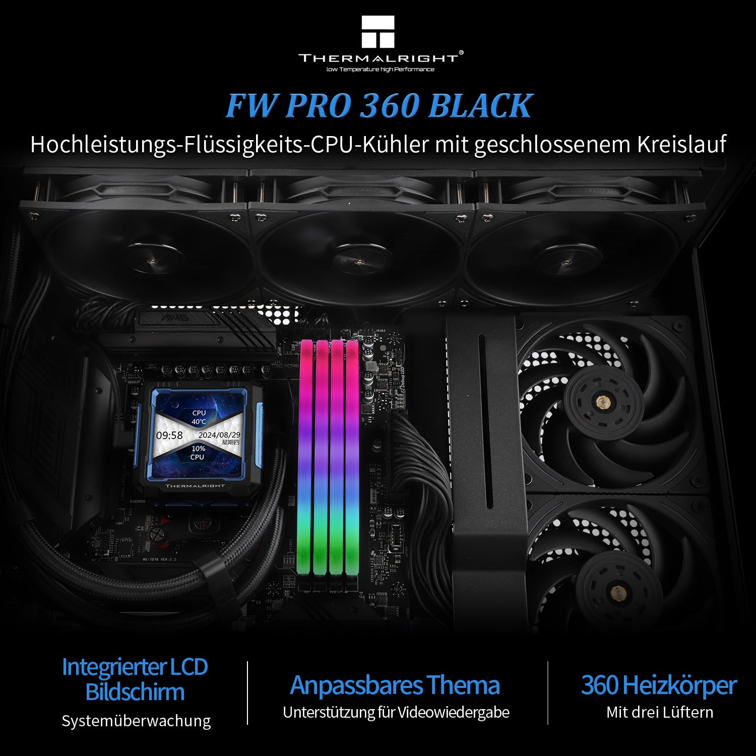 Thermalright FW PRO 360 - Dissipatore liquido per CPU, schermo LCD IPS da 2,73 pollici con risoluzione 320 x 320, per AM4/AM5/Intel LGA1700/1851/115X/1200, colore nero