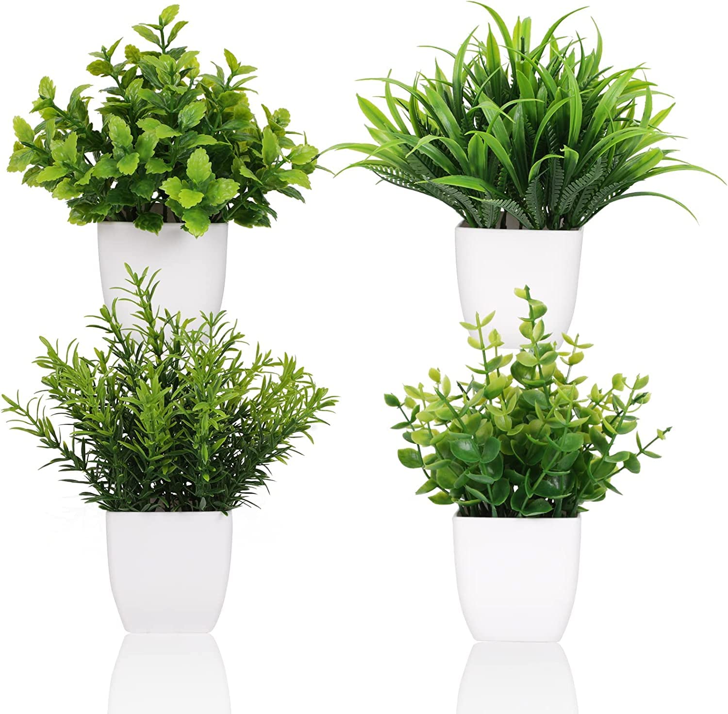 Dekorly 4 Pot Small Fake Plant Flowerpot Artificial Plastic Eucalyptus Plant Wheat Grass Shrub Plant Indoor Desk Coffee Table Bathroom Bedroom Home Decoration (Pack of 4)