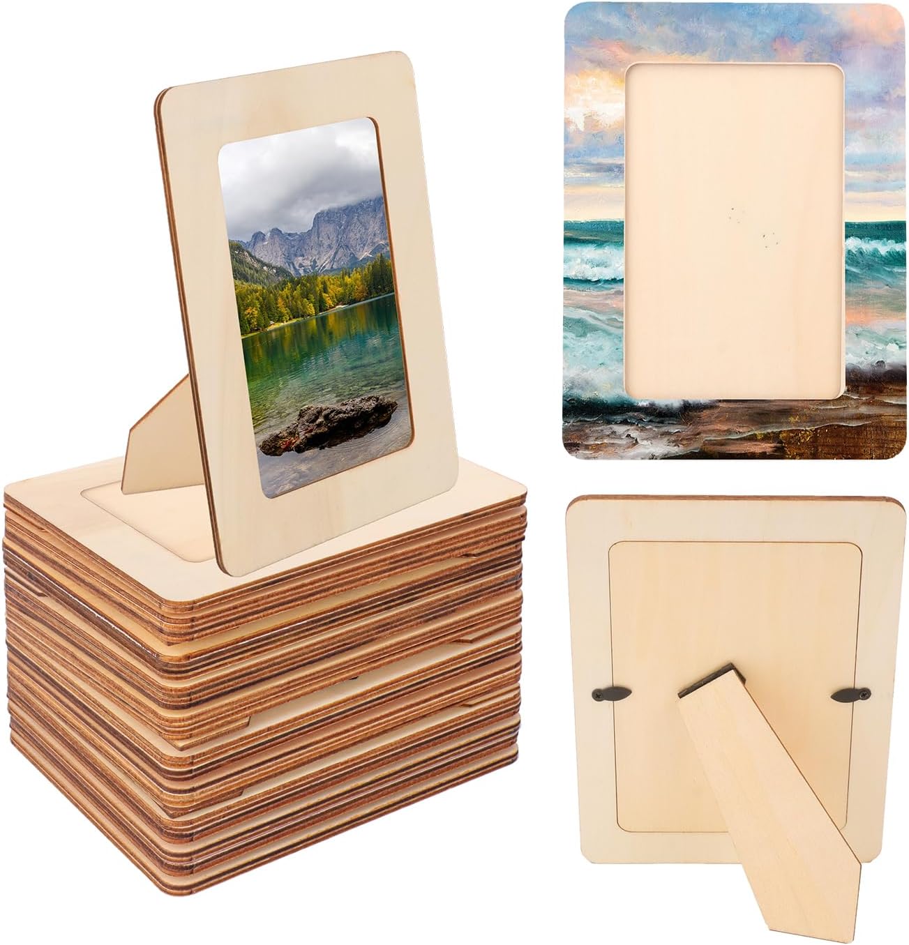 36 Pack Unfinished Wooden Picture Frames Set with 4x6 inch Photos, Wooden Frames for Crafts, Standing Postcard & Photos Picture Frame Set –Suitable for Crafts DIY, Souvenir Decoration
