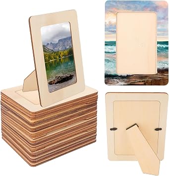 32 Pack Unfinished Wooden Picture Frames Set with 4x6 inch Photos, Wooden Frames for Crafts, Standing Postcard & Photos Picture Frame Set Suitable for Crafts DIY, Souvenir Decoration
