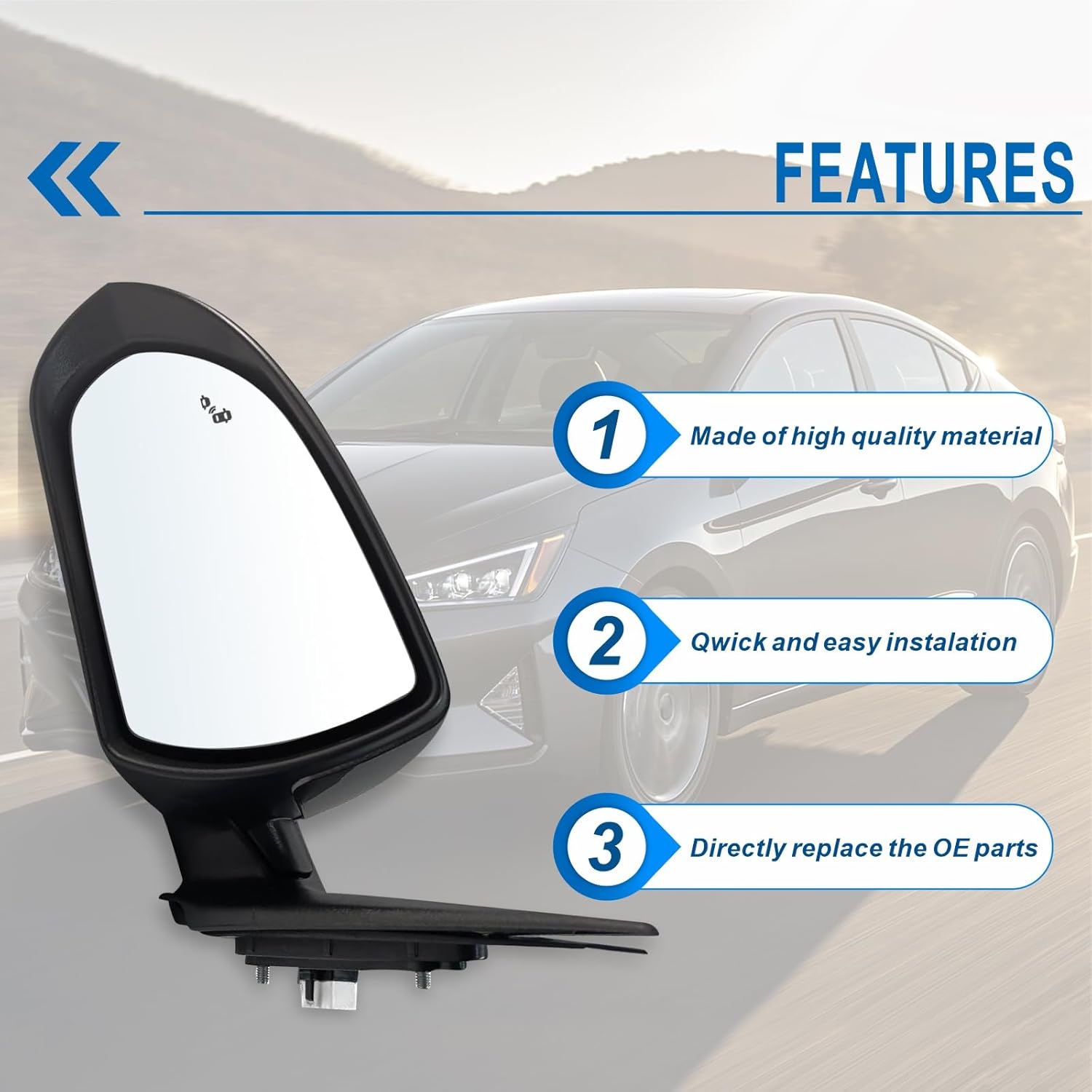 Left Driver Side Mirror Compatible With 2017 2018 2019 2020 Hyundai Elantra With Power Glass Heated Blind Spot Black Replace#87610F3020 (7Pins)