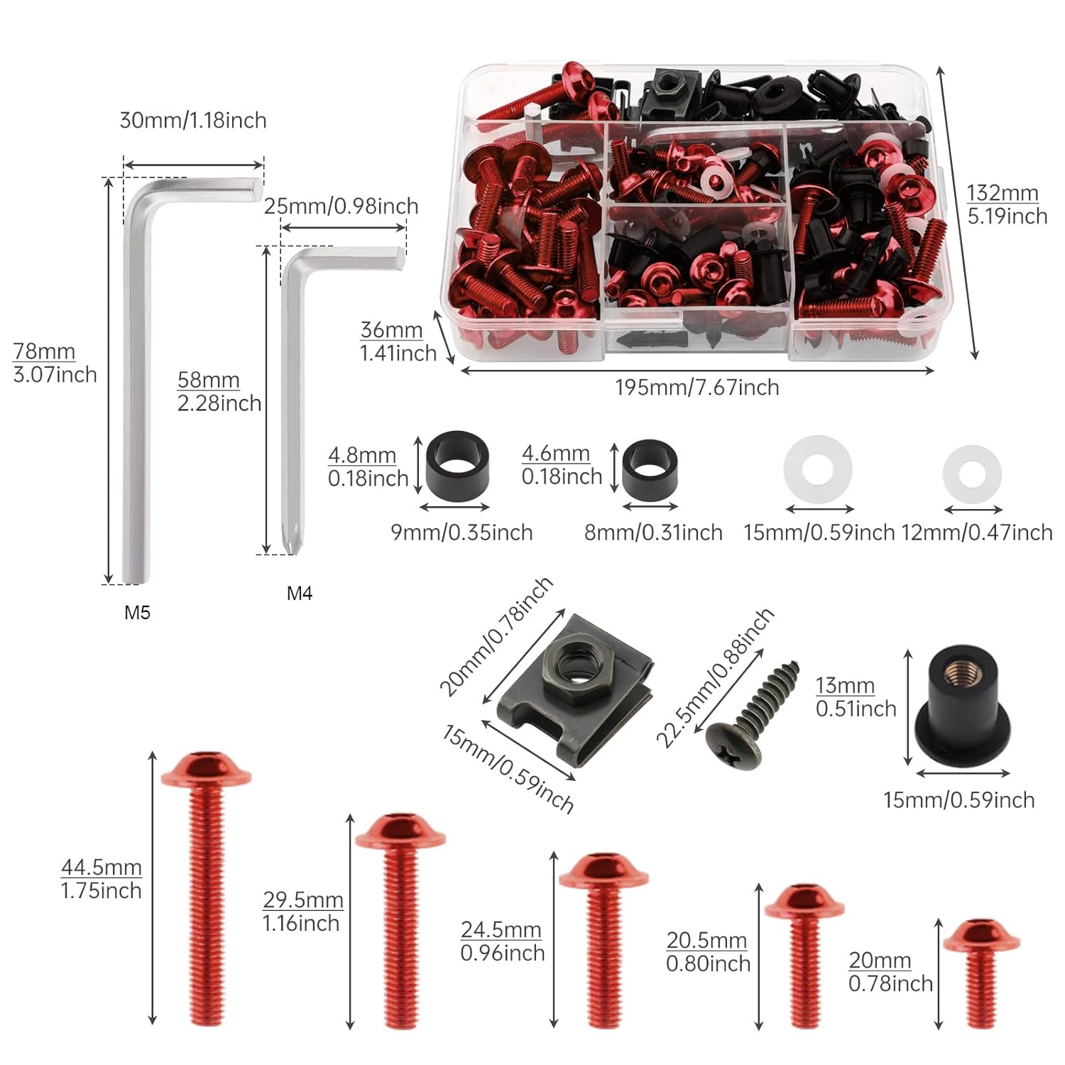 Windance 195pcs Motorcycle Fairing Bolt Kit,Stainless Steel Screws Fasteners, M5 M6 Washers Nuts Screws Clips Fairing Bolts Nut Clips Kit Fit for Yamaha Honda Kawasaki Suzuki BMW (Red)