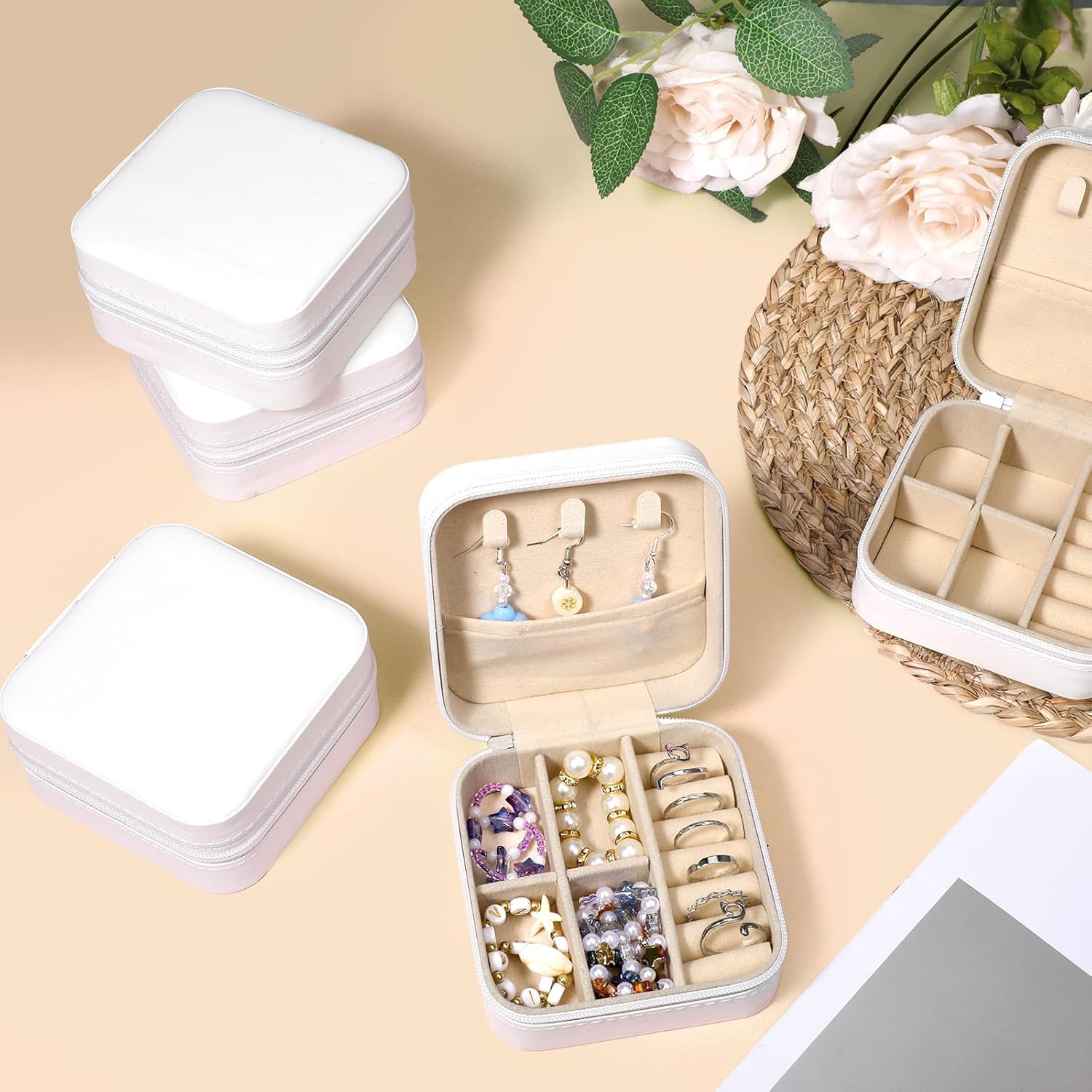 12 Pack Small Travel Jewelry Box Bridesmaid Proposal Gift Boxes Portable Mini Travel Jewelry Case PU Leather Earring Storage Box with Dividers for Women Girls Rings Necklace Earring Organizer, White