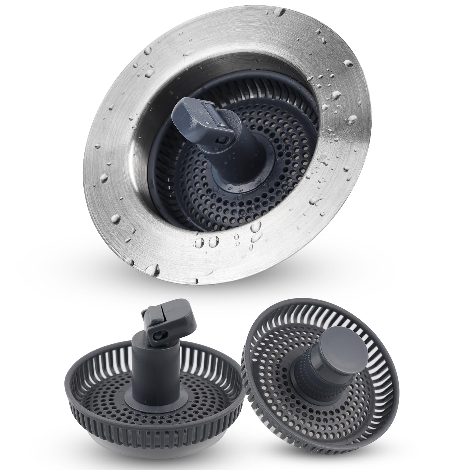 iFealClear 3-in-1 Stainless Steel Kitchen Sink Drain Strainer Stopper Kits, Pop Up Sink Stopper, Anti-Clog Kitchen Sink Strainer for 3-1/2 Inch Kitchen Sink, 3 Pcs Removable Basket Filters, Chrome