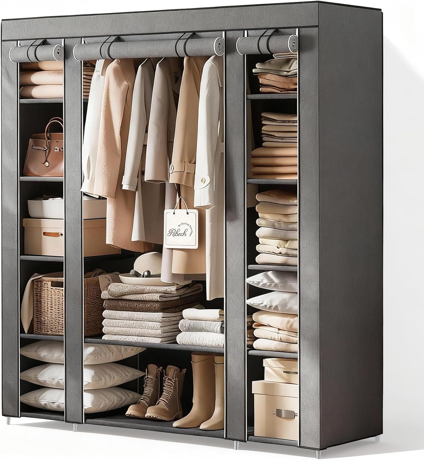 Kleiderschrank aus Stoff, 45x150x175cm, Metallrahmen mit Vlies-Staubschutz, Kleiderstange, graue, Schlafzimmer Aufbewahrungssystem