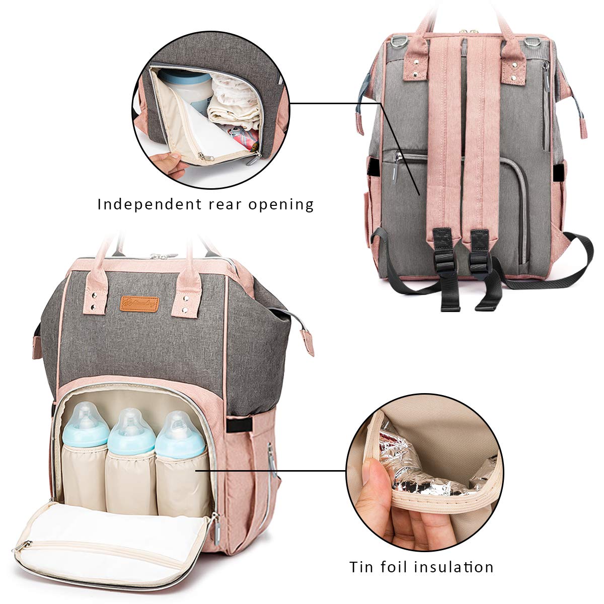 SONARIN Multifunzione Zaino Fasciatoio Bambino per Pannolini,Organizer per Zaino da Viaggio,Interfaccia USB,Impermeabile,Grande Capacità(Rosa & Grigio)