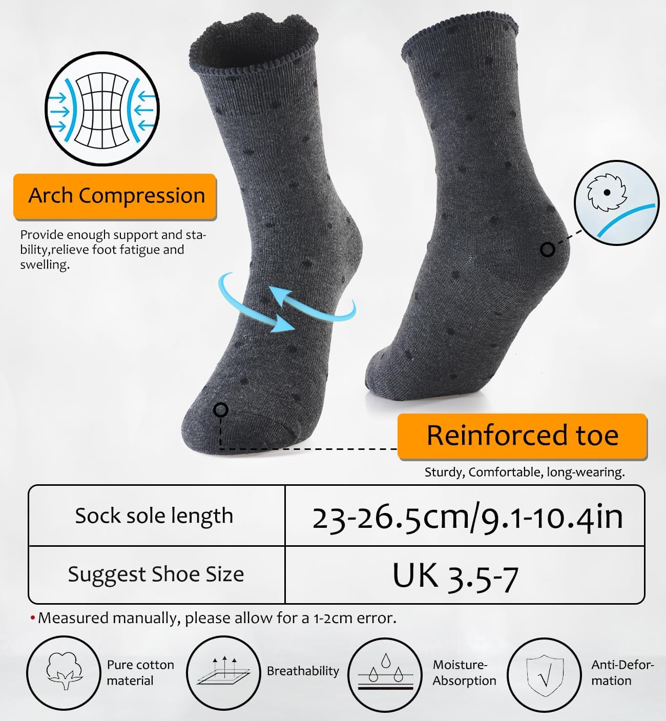 MESU Women Ruffle Frilly Socks Breathable Cotton Crew Socks 5 Pairs B Polka Dot