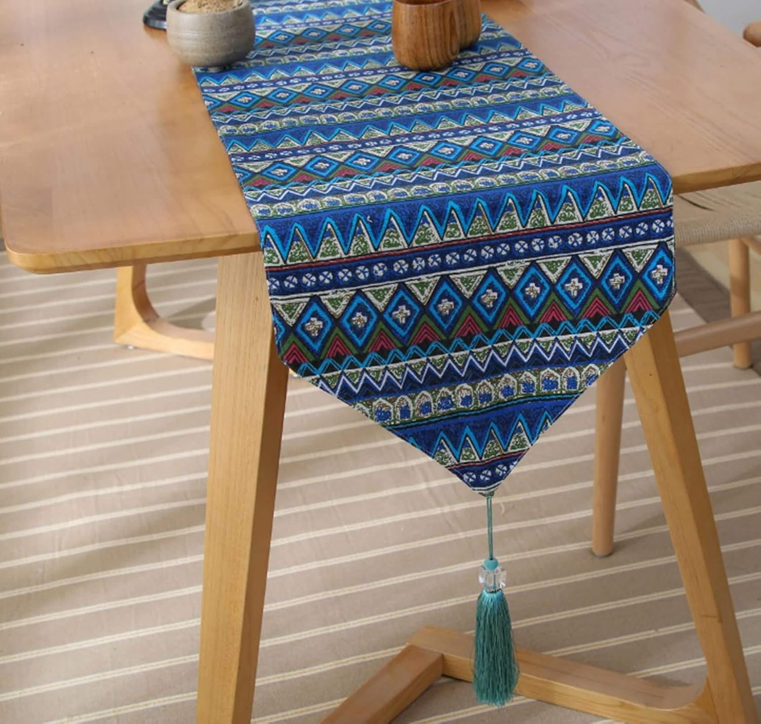 Autumn Table Runner,33x240CM,Geometric Vintage Table Runner Modern Cotton,Table Runner Decor Blue