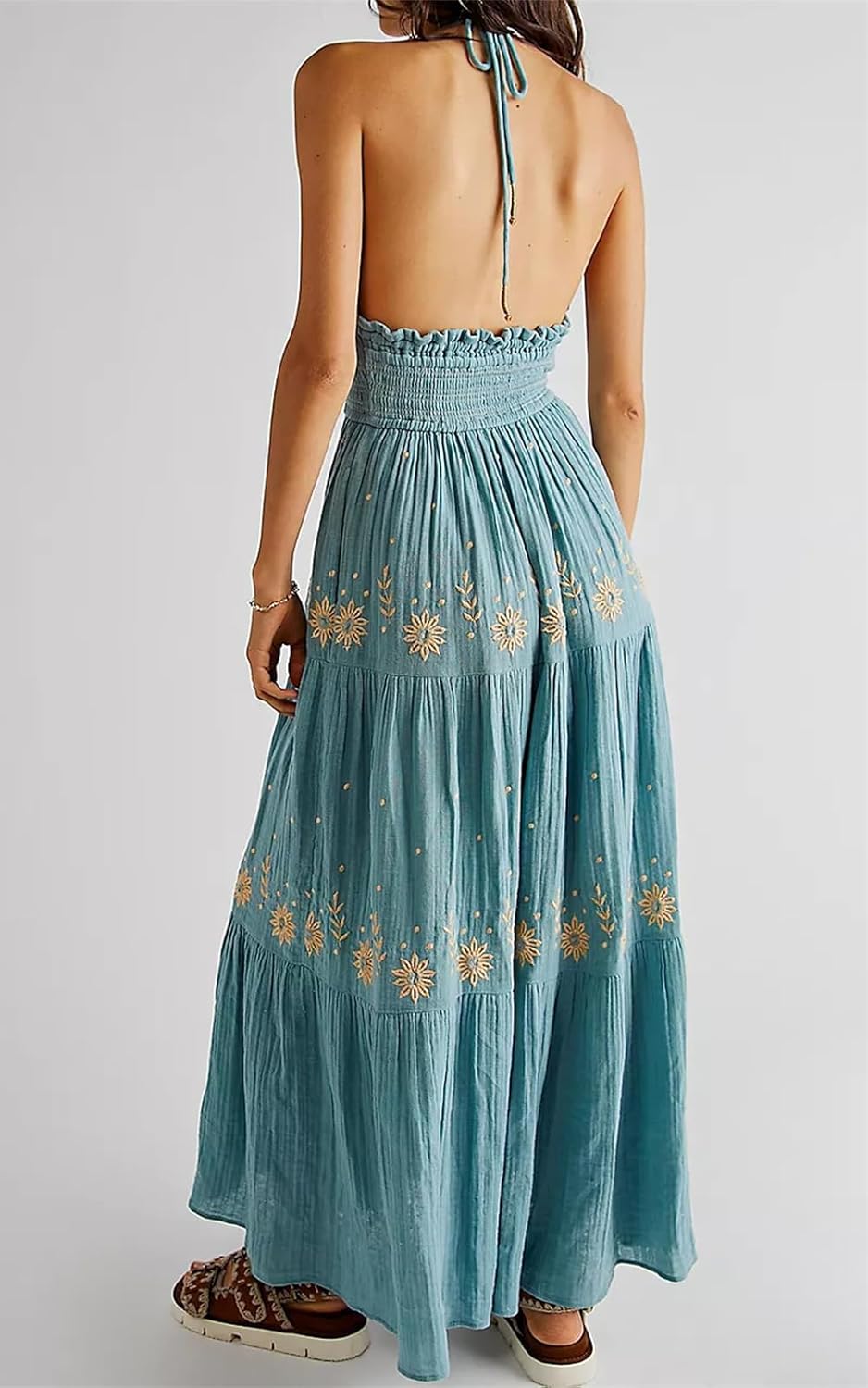 ebossy Women's Summer Boho Embroidered Daisy Maxi Dress Halter Shirred V Neck Backless Flowy Vacation Beach Sundress - Image 2