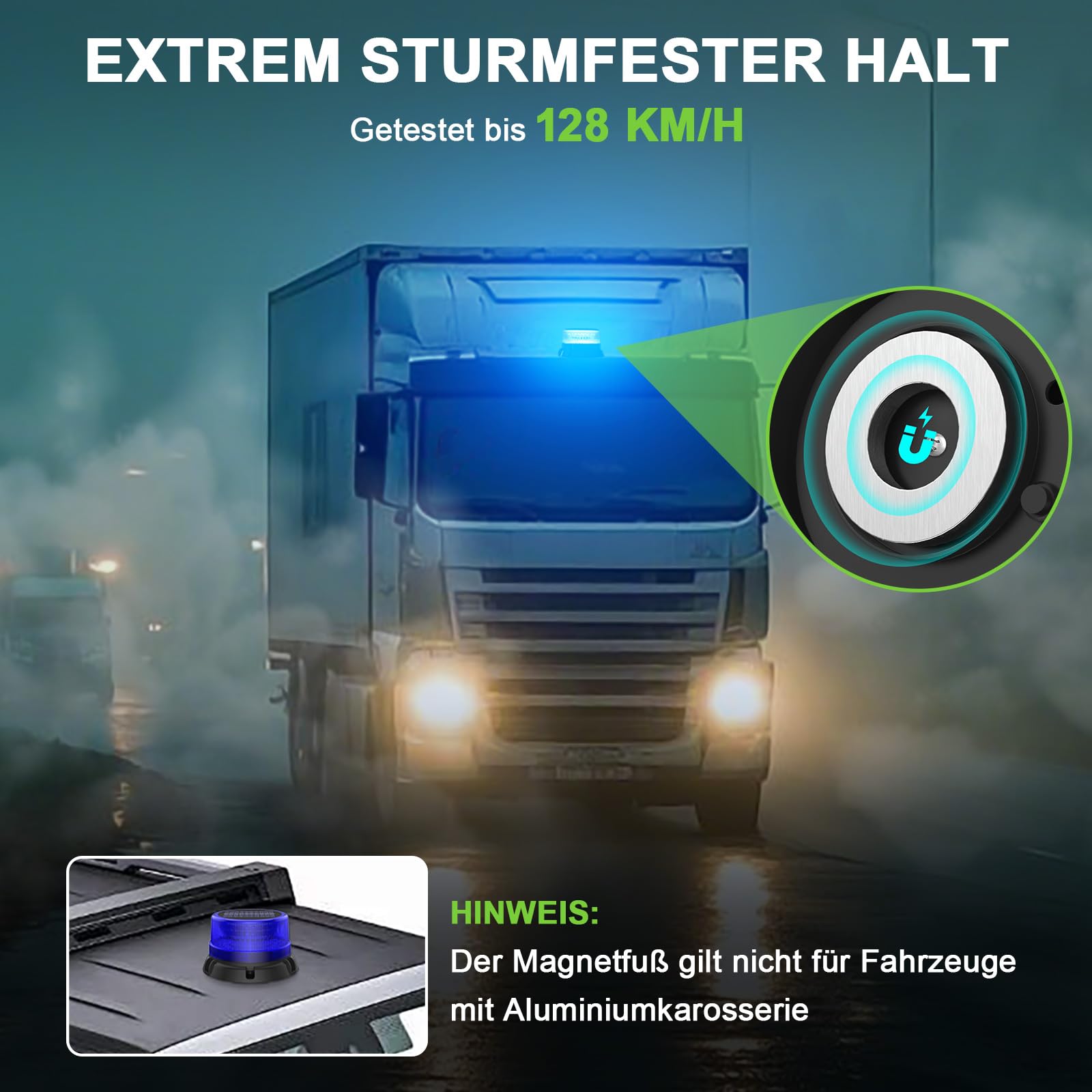 Auto Blaulicht LED Rundumleuchte | Solar & Akku | IP65 Wasserdicht | Starker Magnet | 2 Blitzmuster | Warnleuchte für NFZ, Bau, Landwirtschaft & Freizeit