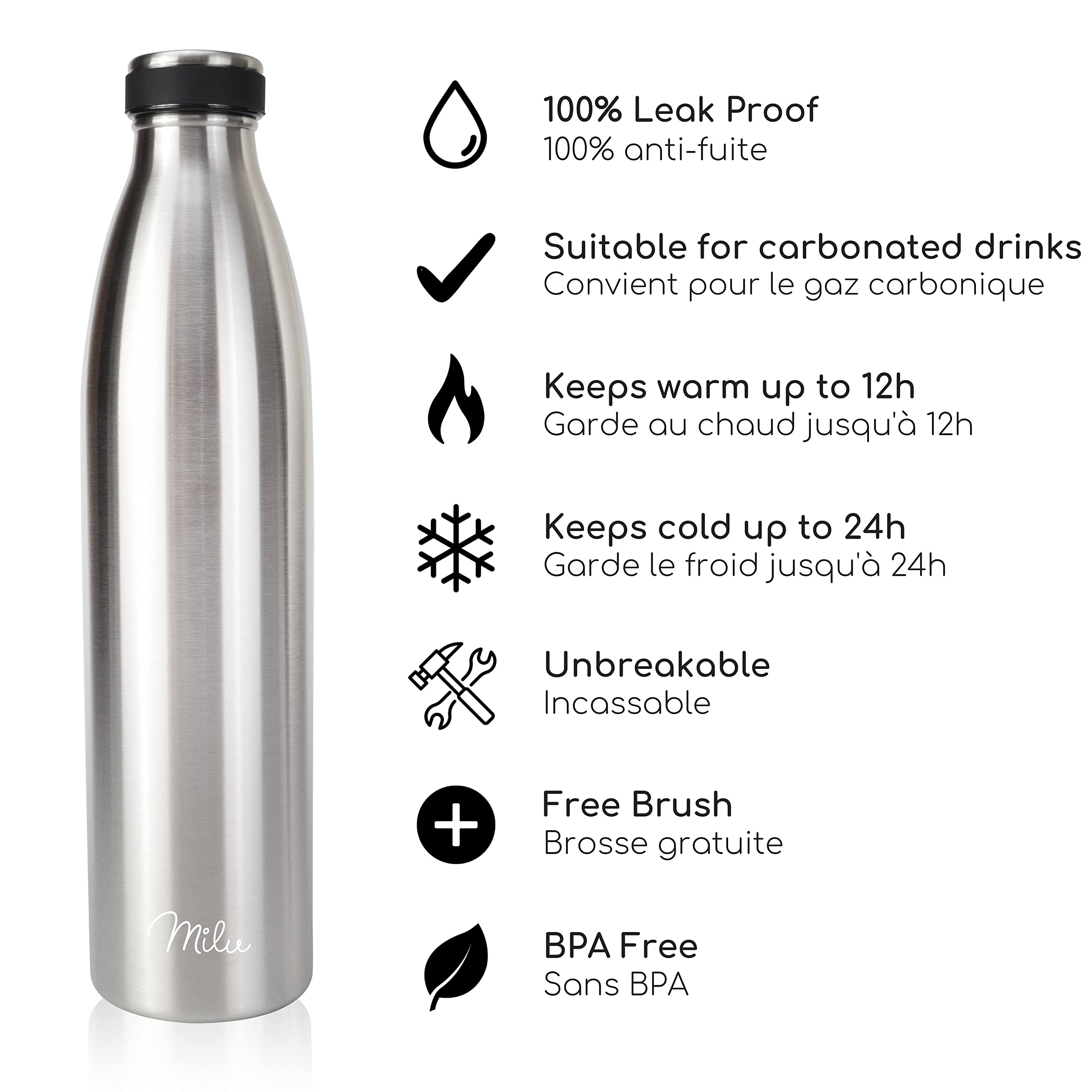 Milu Gourde en acier inoxydable 350 ml 500 ml, 750 ml, 1000 ml, 1,5 l – Bouteille isotherme, bouteille d'eau isolée, double paroi anti-fuite, convient aux acides carboniques (Acier inoxydable, 1500ml) - 4
