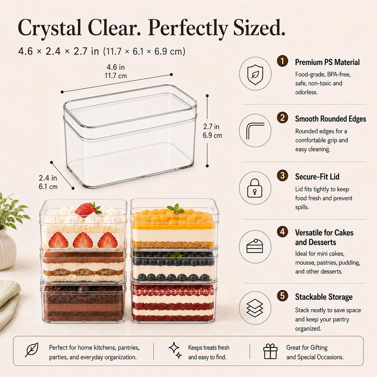 50 Pièces Gobelets à Dessert en Plastique avec Couvercles, 410ml Coupes à Dessert Carrées Coupe Apéritif Parfait Clair Bol de Service Réutilisable pour Pudding Mousse Party et idéal pour Tiramisu