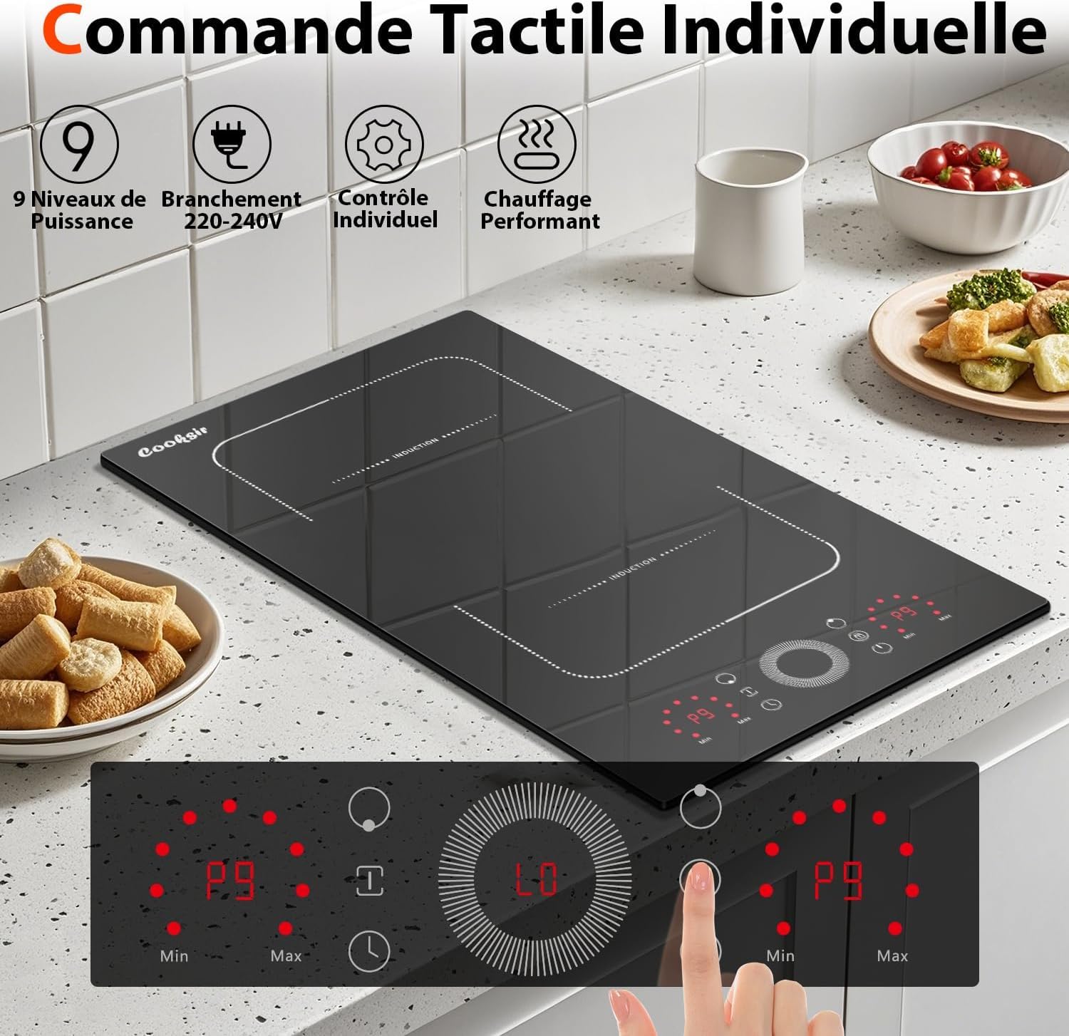 Plaque Induction 2 Feux avec Prise, Plaque à Induction Encastrable 29CM, Zone Flexible, Curseur Circulaire, Verrouillage de Sécurité, Minuterie, Cooksir Induktionskochfeld 2 Platten mit Stecker