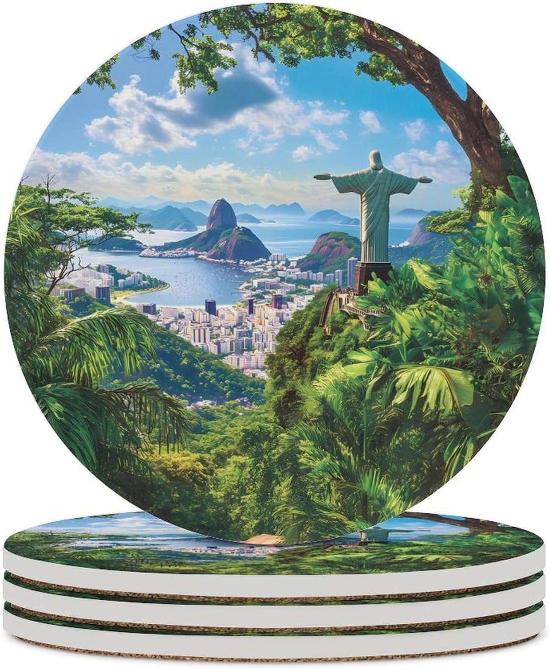 Riodjaneiroes Brazil Redeemeres Coasters for Drink Round Ceramic Coaster with Cork Base Home Decorative 6PCS