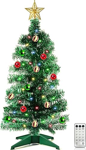 12 modos y control remoto Árbol de Navidad de 3 pies con temporizador, 50 luces LED de cuatro colores para bricolaje, 15 adornos de bolas, estrella