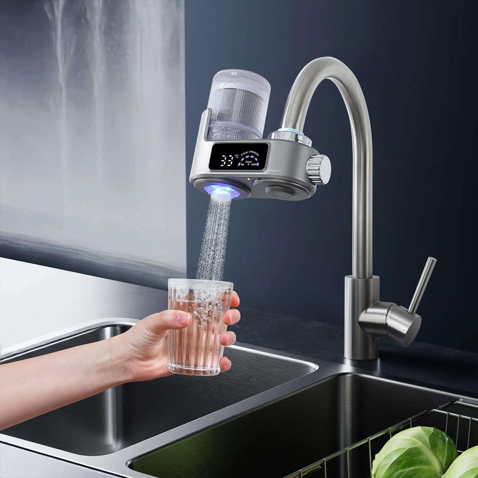 HOMELODY Wasserfilter Wasserhahn mit LED Anzeige, Wasserfilter Trinkwasser für Küche, entfernt Chlor, Schwermetalle & Kalk, Kalkfilter Wasserhahn mit Blaulicht, 12x Adapter (Inkl. Filter*1)