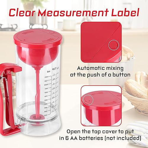 Miniatura 4 de Dispensador de masa, mezclador eléctrico de 40.6 fl oz con línea graduada, dispensador de panqueques inalámbrico con mango para apretar, herramienta