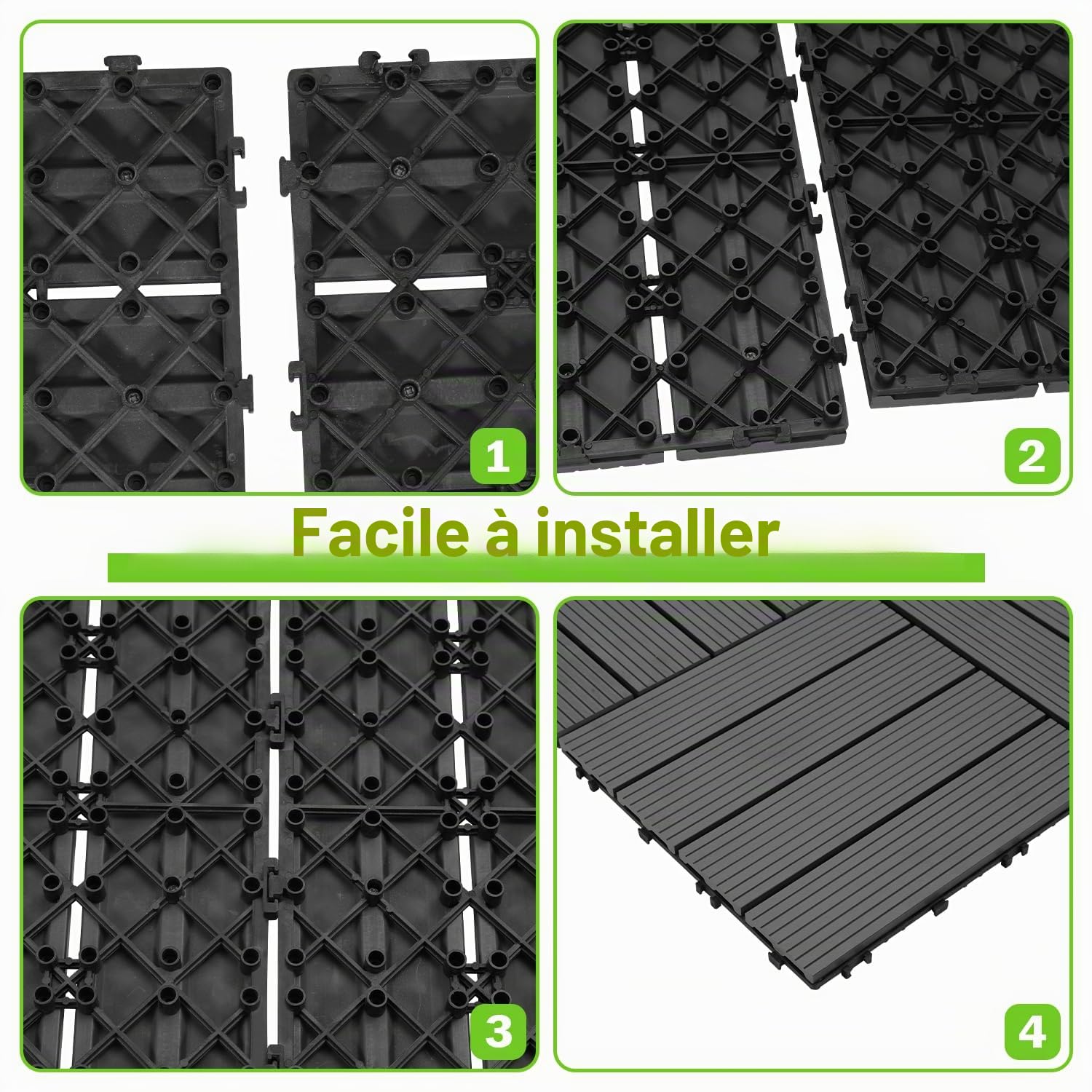 WPC - Lot de 55 dalles de terrasse en bois - 30 x 30 cm - Pour 5 m² - Aspect bois - Revêtement de sol de balcon avec système à clic - Lames étanches pour balcon et terrasse (anthracite)