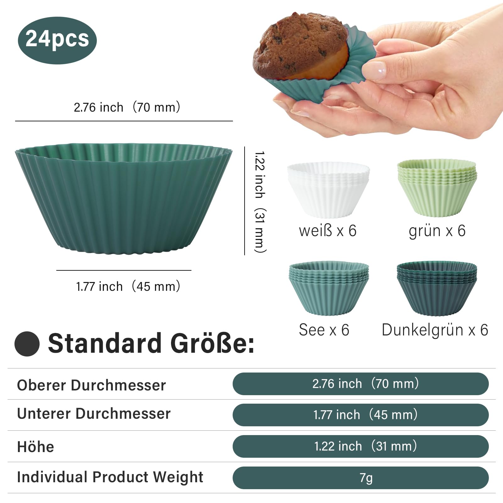 Silikonowe foremki do muffinek, 24 sztuki, wielokrotnego użytku, okrągłe, silikonowe foremki do ciast, kremów, budyniu, zielonych