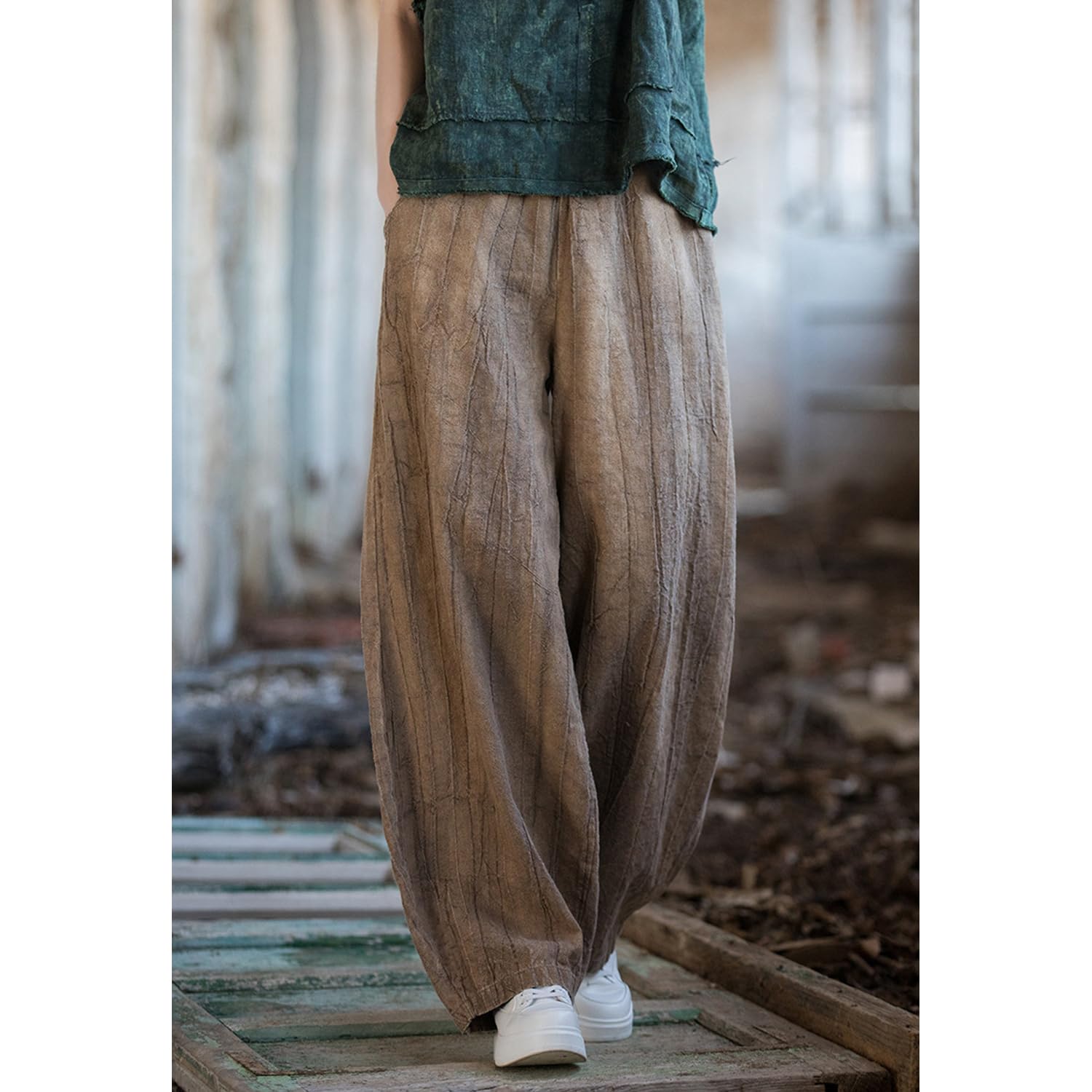 Pantalon Sarouel pour Femme avec Poches – Pantalon Extensible en Mélange Coton et Ramie, Idéal pour Le Sport ou la Détente
