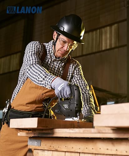 Vista 15 de LANON - Casco duro de ala completa, aprobado por OSHA para trabajos de construcción, diseño en color gris carbón, casco de seguridad de FRP