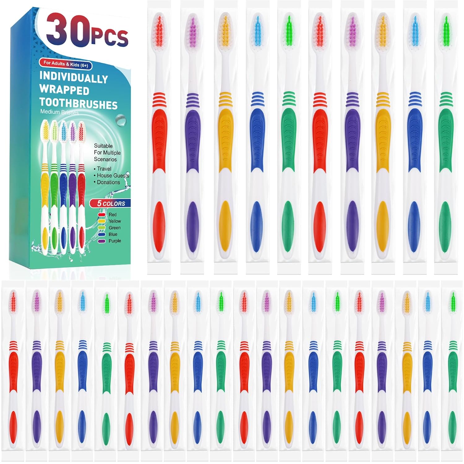 Navona 30 Unidades de Escovas de Dente Descartáveis com Bristles Macias e Cabo Ergonômico, Ideal para Viagens e Uso em Hotéis