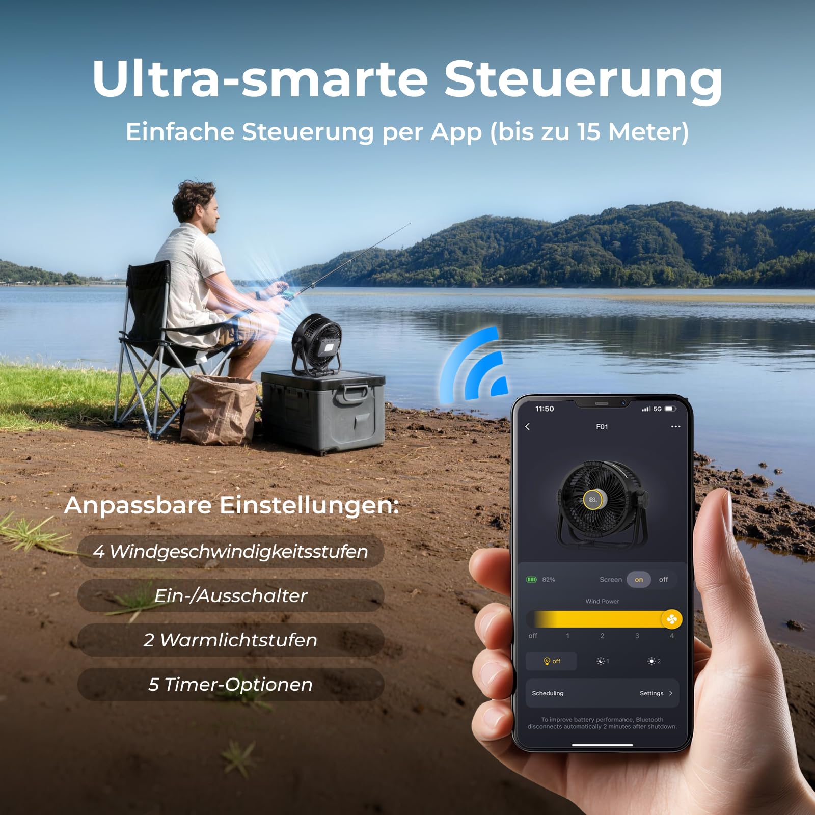 BougeRV F01 Camping Ventilator Akku 33,5 Std. Metallständer 5,4 m/s Schwarz | 20000mAh, Leise im Betrieb mit Licht, Timer, App-Steuerung & Haken Tragbarer Tischventilator für Zelt, Reisen & Tisch