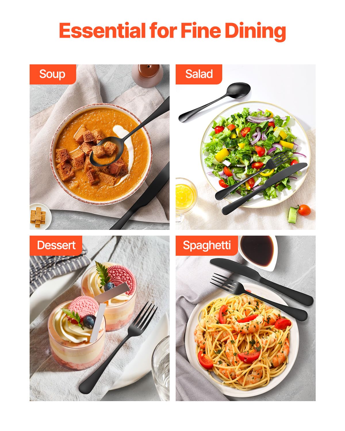 VEVOR Juego de Cubiertos Negros de 48 Piezas con Cuchillos para Carne, Acero Inoxidable de Grado Alimenticio para 8 Personas, con Acabado de Espejo, Vajilla Apta para Lavavajillas para la Cocina