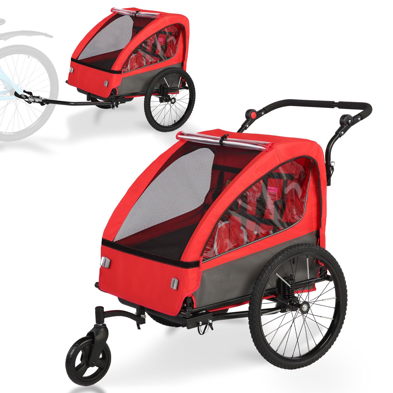 Kinderfahrradanhänger 2in1 mit Jogger & Buggy Funktion, Federung, höhenverstellbarem Schiebegriff & Handbremse, Fahrrad Anhänger für 1–2 Kinder, bis 40 kg, Rot