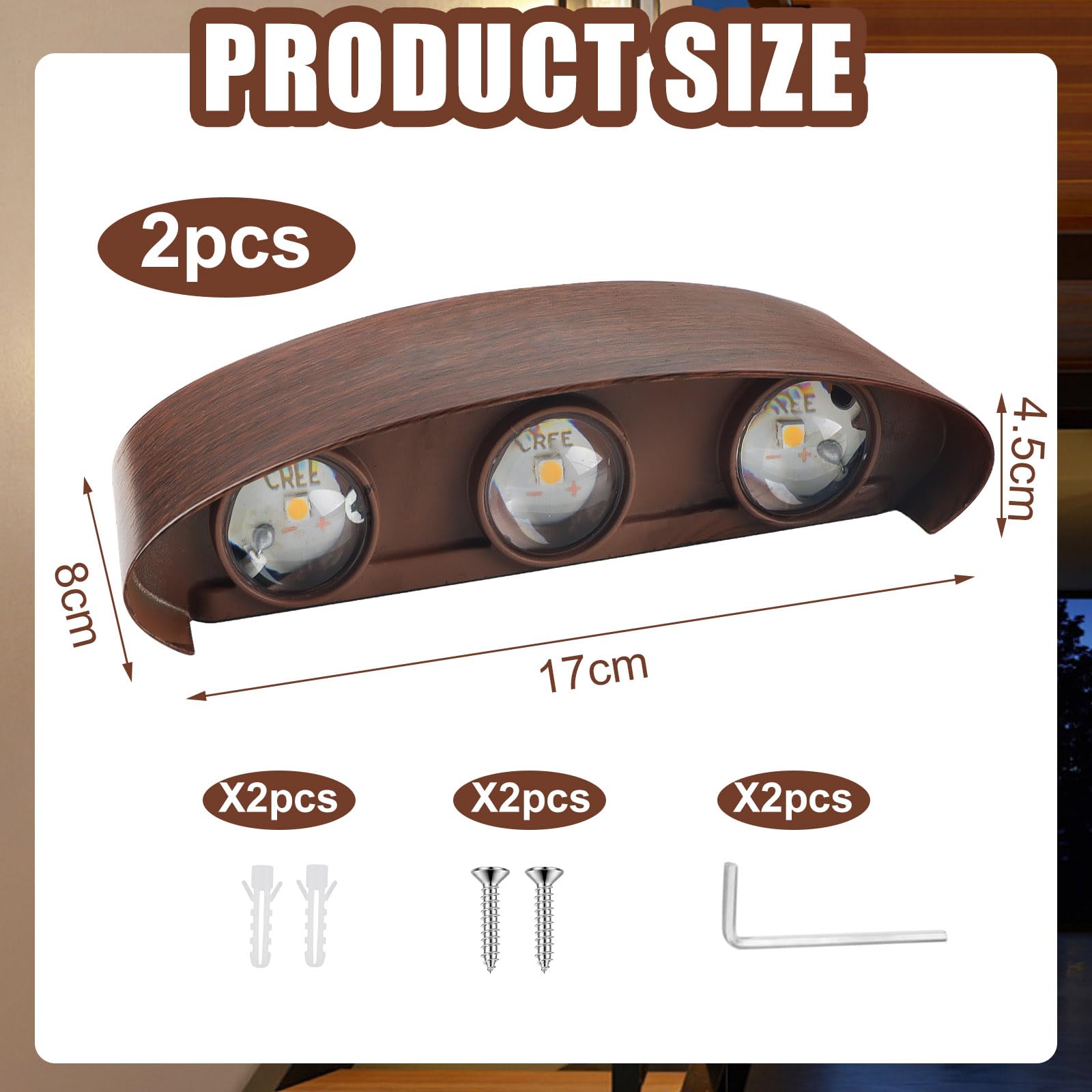 2 pezzi Lampada da Parete Interno Esterno 6W Bianco Caldo 3000K Lampada LED da Muro Moderna in Alluminio Aspetto Legno IP65 Impermeabile Applique da Parete per Camera da Letto Balcone Corridoio