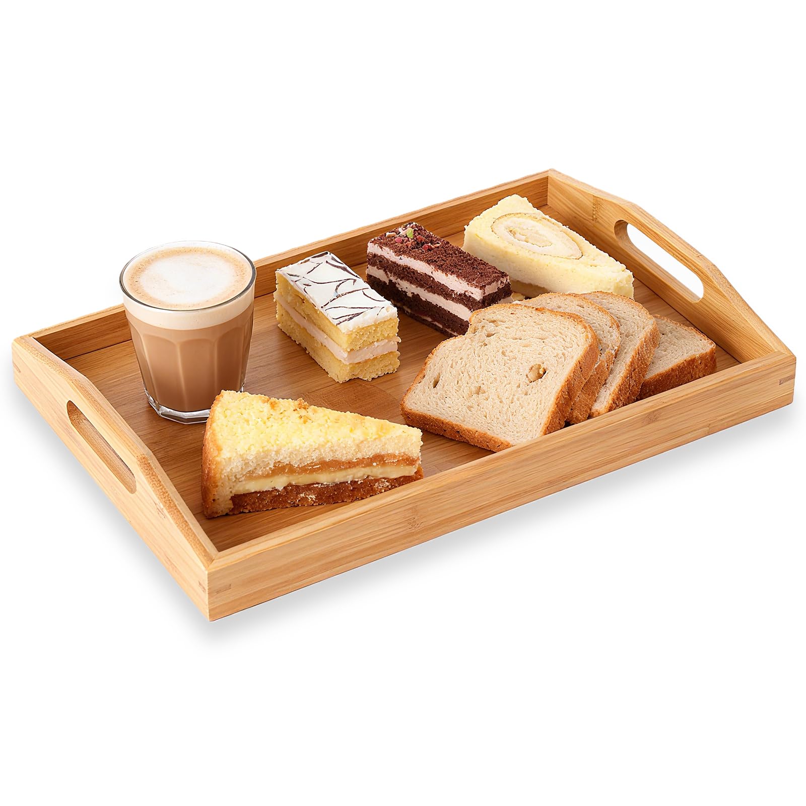 Meetoz Yellow Wooden Tray, Bamboo Trays With Handles, For Dinner, Tea, Bar, Table, Or Breakfast（45 X 33 X 5Cm）