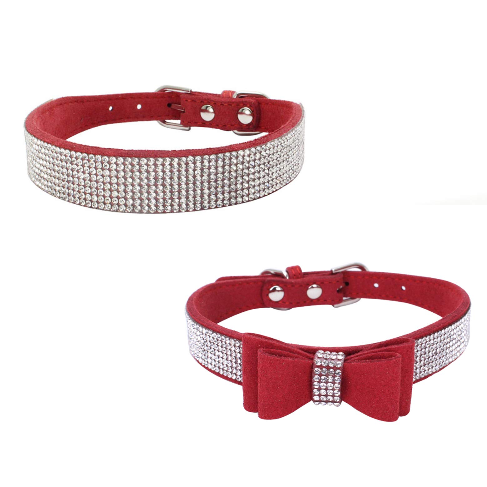 Newtensina 2pcs Stylish Dog Collar Set Soft Suede Bling Dog Collar with Bow Tie Puppy Collar for Small Dogs Cats