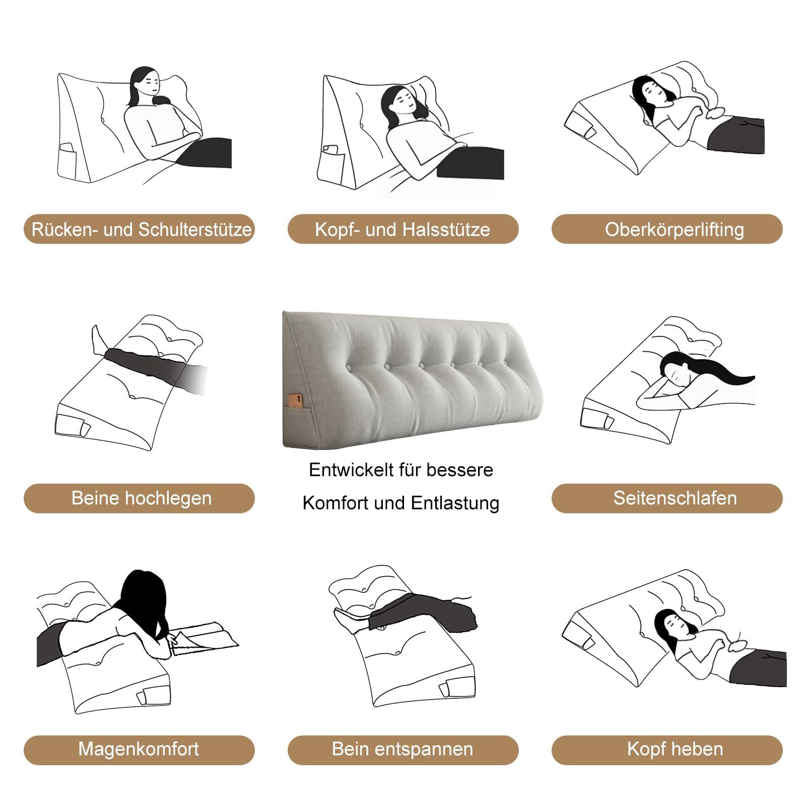 Cuscino da lettura a cuneo, cuscino per schienale, grande cuscino per divano o schienale letto, grande, triangolare, supporto lombare, beige, albicocca, 60 x 50 x 20 cm