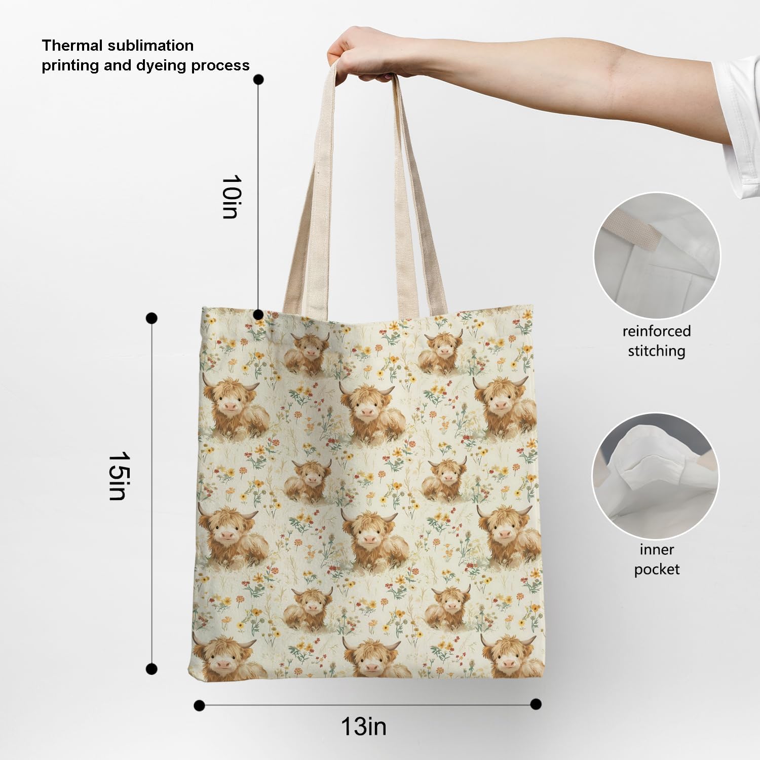 Floral Highland Cow Tote Bag, Highland Cow Gifts for Women Canvas Tote Bags, Gifts for Cows Lovers, Rustic Cottagecore Flower Heifer Reusable Grocery Shopping Bags - Image 6