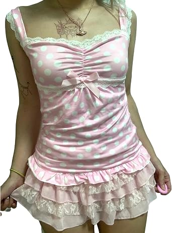 Womens Polka Dots Ruffle Hem Lace Patchwork Corset Cami Shirt Tank Tops Y2k Fairy Grunge Going Out Cute Crop Top