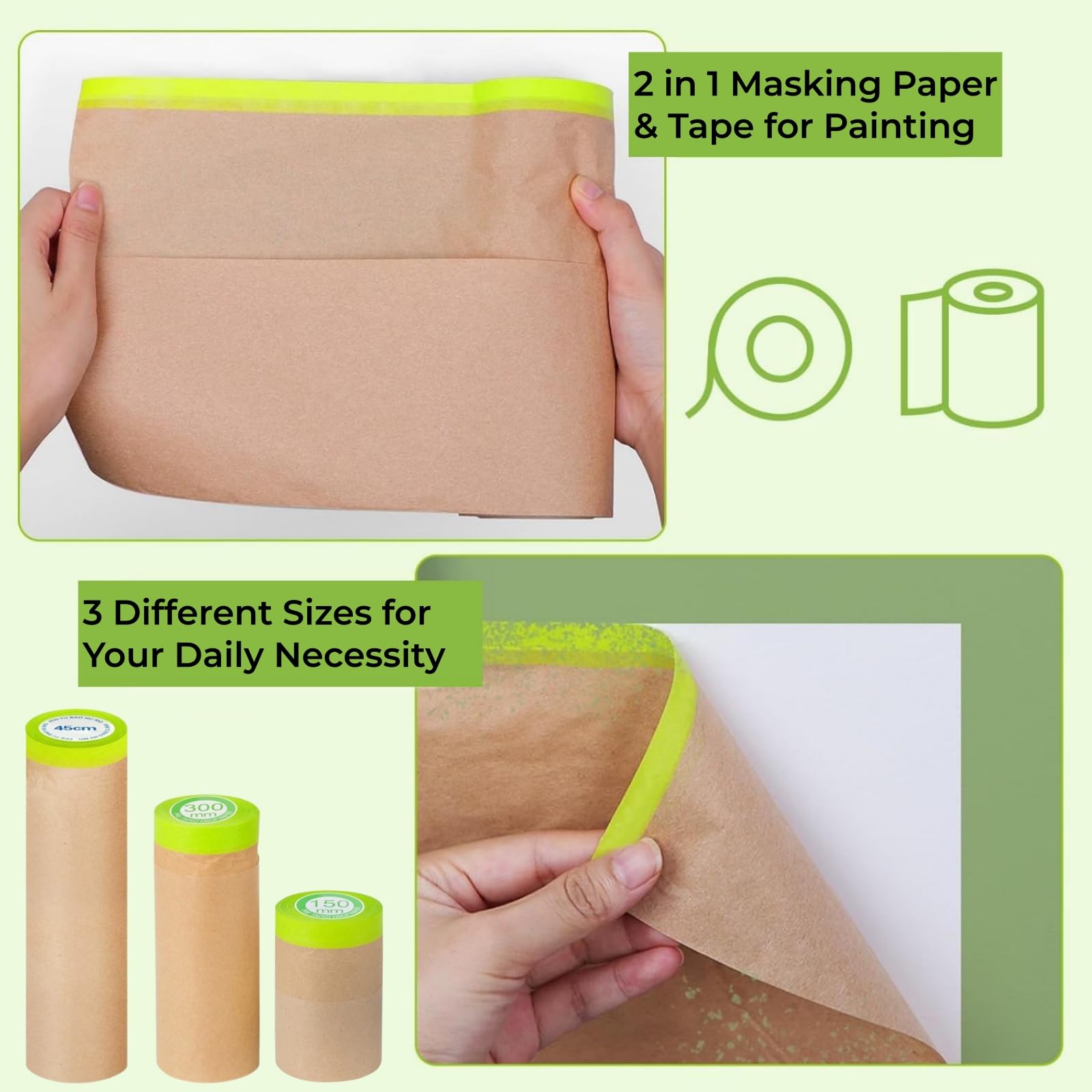 4 rollos de papel de enmascarar precintado para pintar, cinta adhesiva de 12 pulgadas x 50 pies, papel kraft autoadhesivo para pintura, película protectora para carrocería de automóviles,