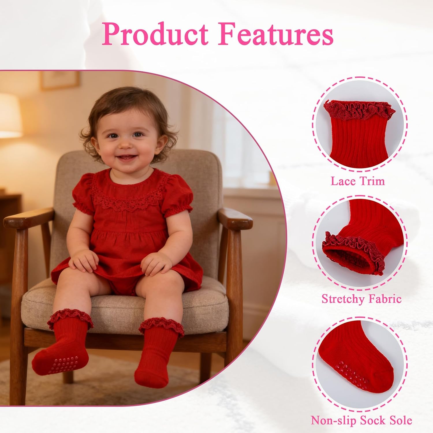 6 Pairs Baby Girl Ruffle Socks Non Slip Grips Cotton Frilly Ankle Crew Fancy Dress Socks for Newborn Infant Toddler - Image 4