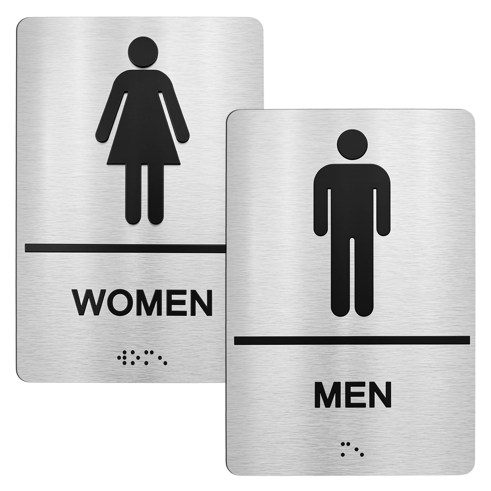 ADA Compliant Restroom Signs - Men & Women Braille Bathroom Door Sign Set, 9"x6" 3mm Premium Brushed Aluminum Toilet Signage, Self-Adhesive Tactile Washroom Decor for Office & Commercial