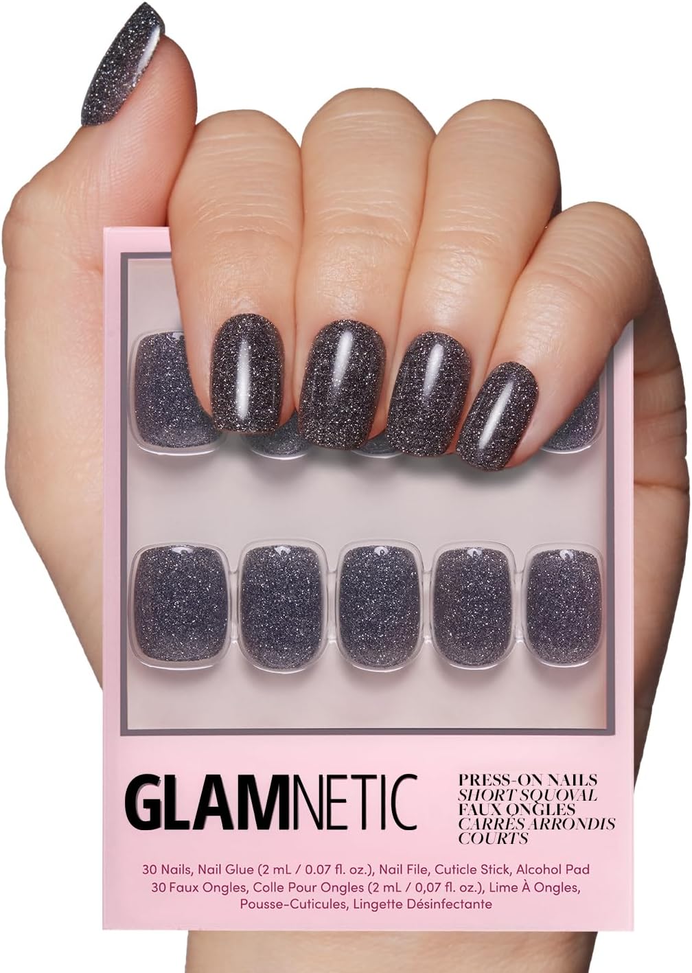 Glamnetic Press On Nails - Cosmic | Semi-Transparent Sparkly Black Short Squoval Fake Nails with a Glossy Finish, Salon Quality | 15 Sizes - 30 Nail Kit with Glue
